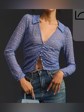 Anthropologie Sheer V-Neck Floral Lace Shirt, Purple/Periwinkle, Women’s XS